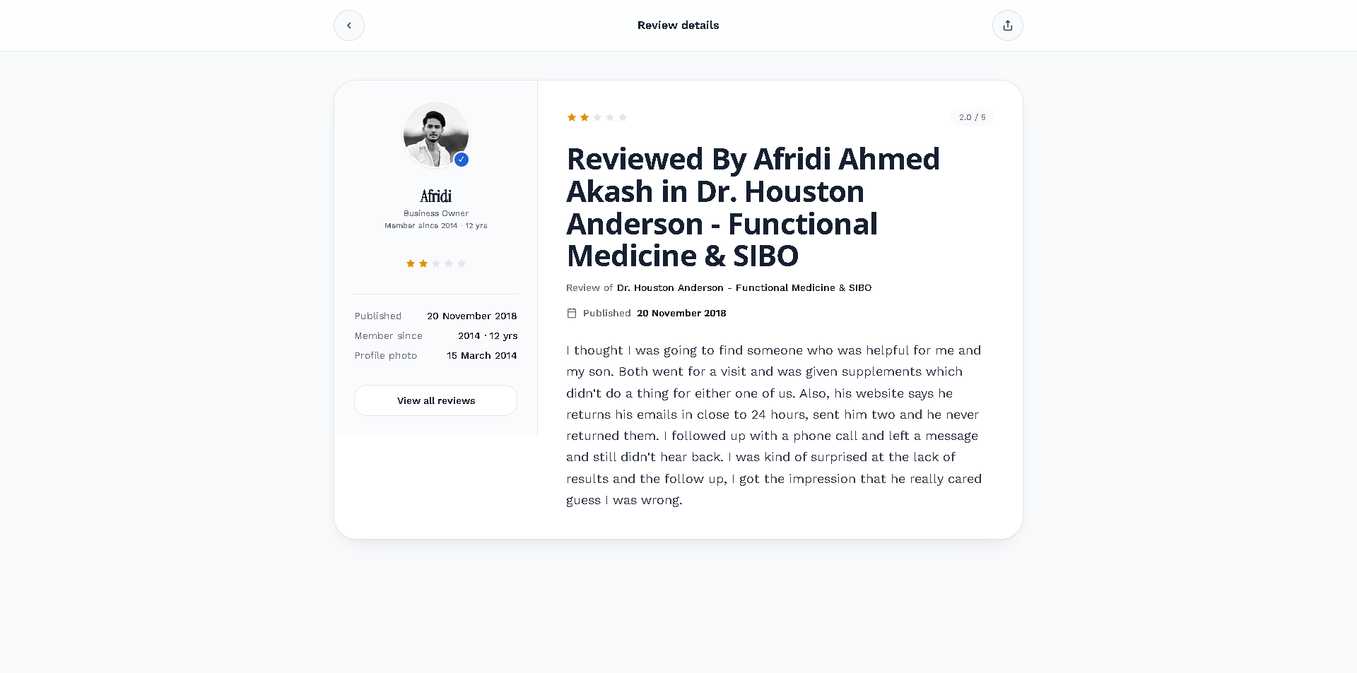 Reviewed By Afridi Ahmed Akash in Dr. Houston Anderson - Functional Medicine & SIBO